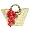 Straw Bucket Tote – 12 PCS Corn Husk w/ Polka Dot Print Sash - Red - BG-R11007RD